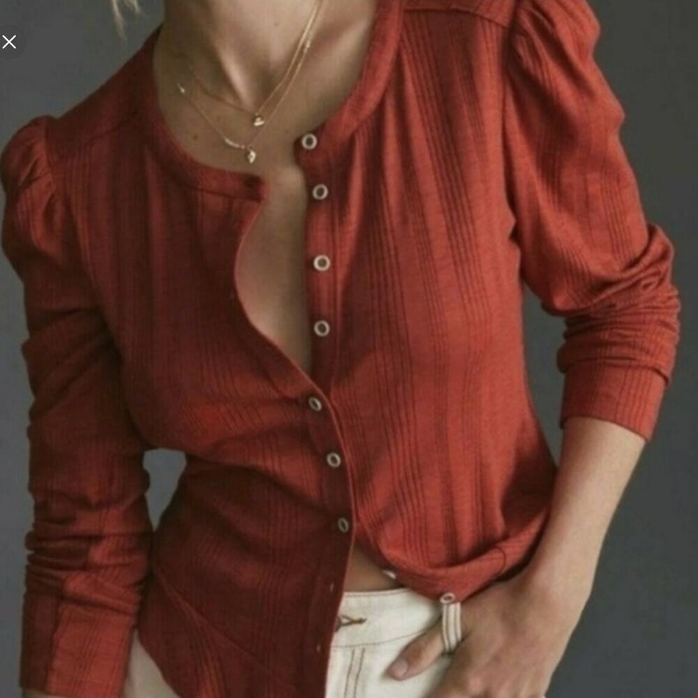 Pilcro Ribbed Puff Sleeved Red Cotton Blend Shirt Top Medium - Picture 2 of 11
